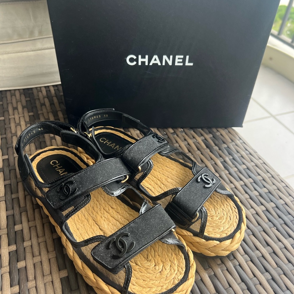 CHANEL Black and Tan Woven Sandals. Used 5 times. Like new